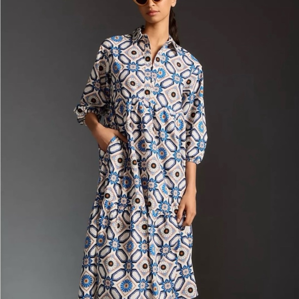 Anthropologie Bettina Tiered Shirt Dress SZ S Sapphire print